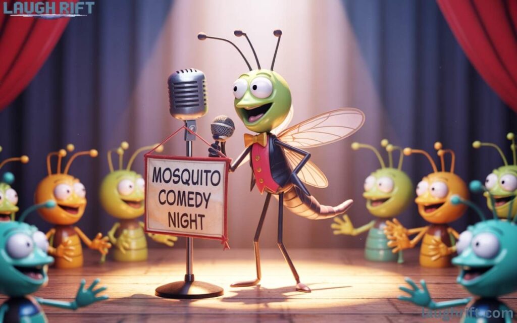 Cartoon mosquito delivering quick one liner jokes with a microphone, making other mosquitoes laugh in a stand up comedy scene.