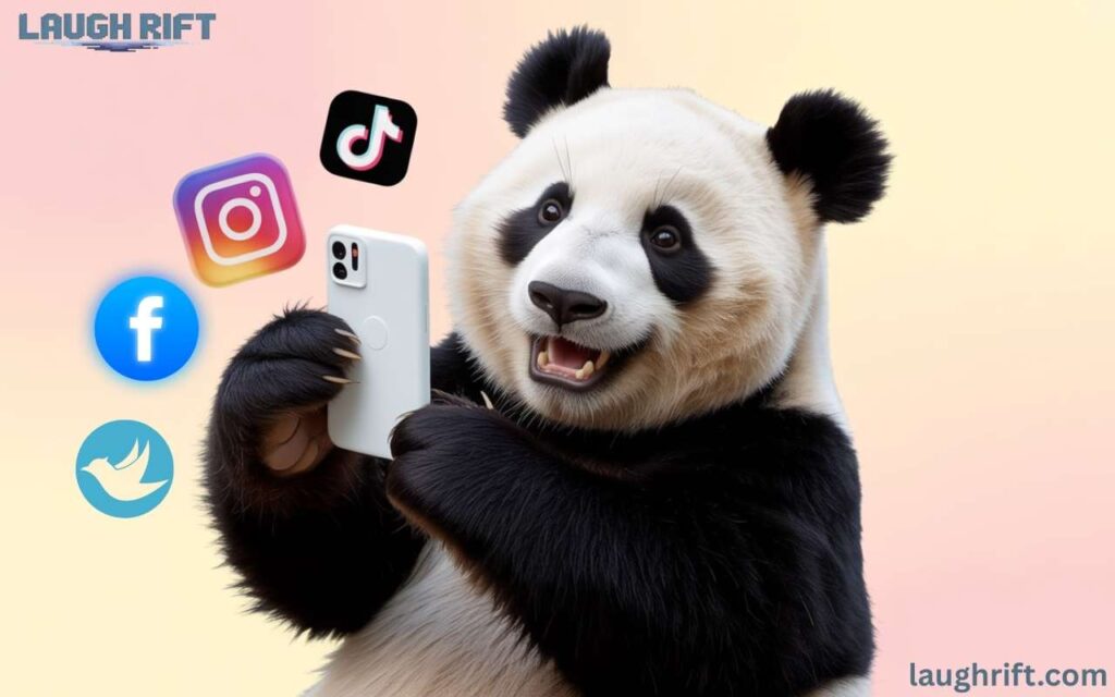 Cute panda with phone and social media icons for captions.