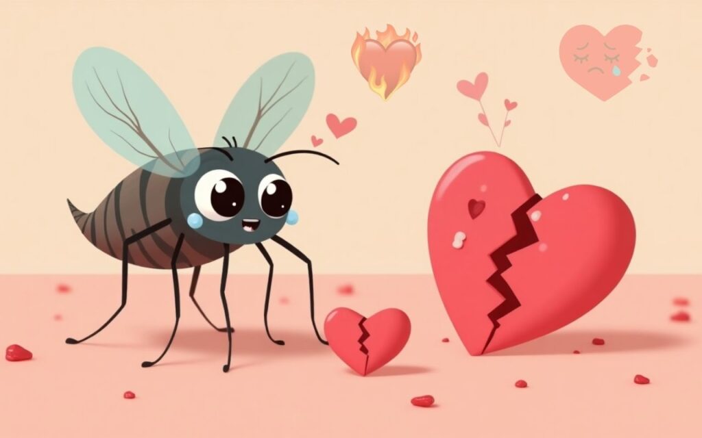 Cartoon mosquito with tears over a broken heart and character with heart-shaped bites, playful heartbreak humor.