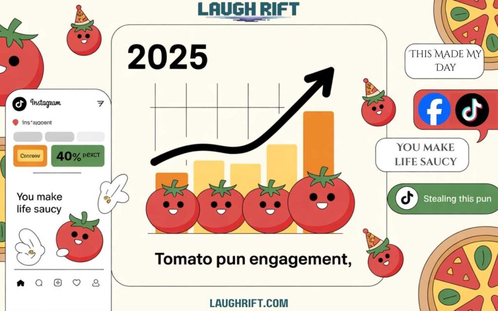 Infographic showing how tomato puns boosted engagement in 2025 with salsa brand growth, social media posts, and playful tomato icons.
