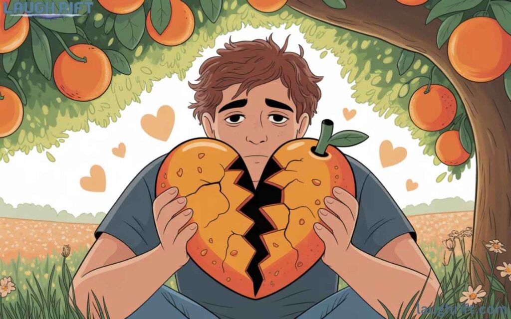 Person holding broken heart orange under tree.
