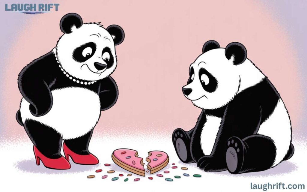 Angry female panda in red high heels with her husband panda and a broken heart between them.