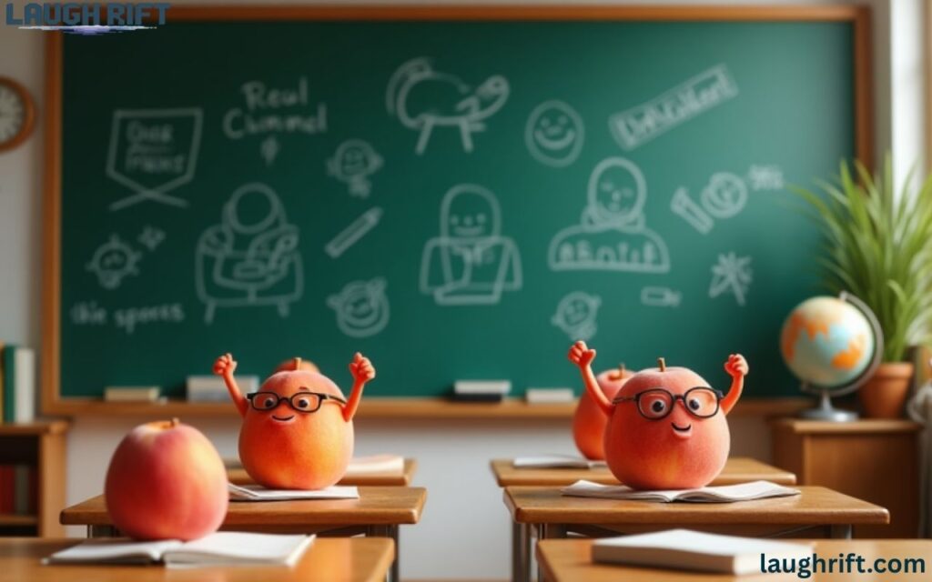 Cartoon peaches in a classroom setting with books and chalkboard.