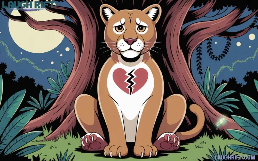 Cartoon cougar with a cracked heart under a moonlit jungle tree, looking sad but still fierce and sassy.
