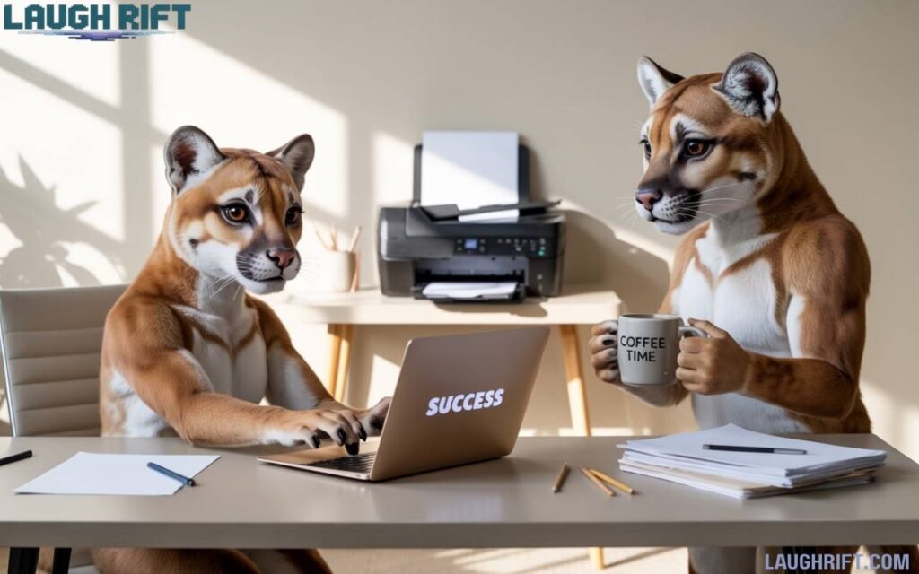 Cartoon male and female cougars in an office with a laptop, coffee mug, and paperwork in a fun illustration.