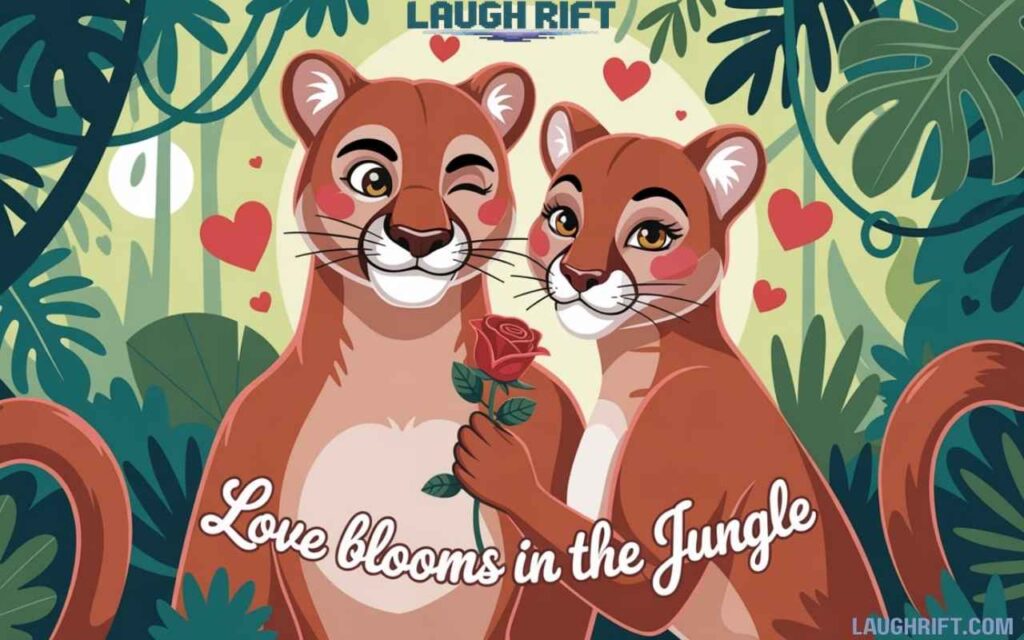 Cartoon male and female cougars in a romantic jungle scene with a rose, hearts, and moonlight.