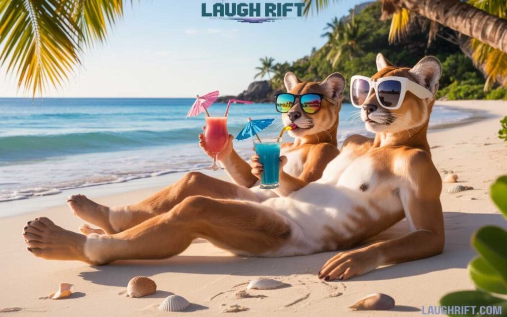 Cartoon male and female cougars wearing sunglasses and sipping drinks on a sunny beach with palm trees and waves.