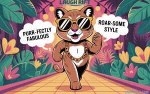 Cartoon cougar with sunglasses strutting on a jungle catwalk surrounded by funny cougar puns in a vibrant and sassy illustration.