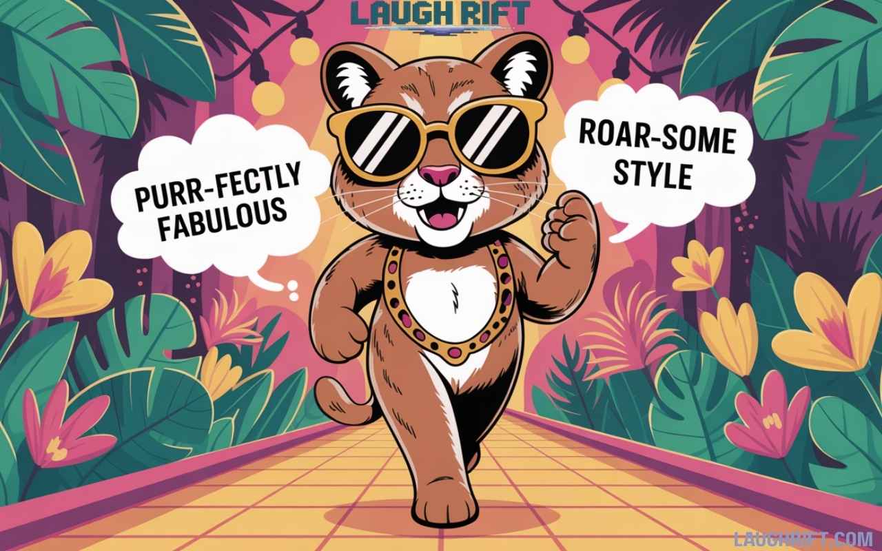 Cartoon cougar with sunglasses strutting on a jungle catwalk surrounded by funny cougar puns in a vibrant and sassy illustration.