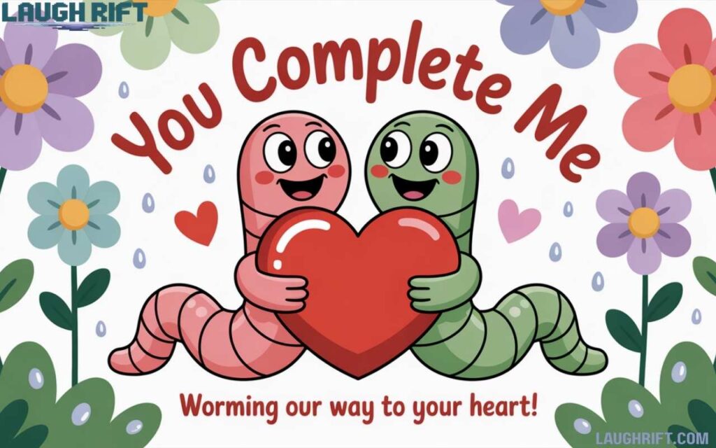Cartoon couple worms holding a heart for romantic love jokes.