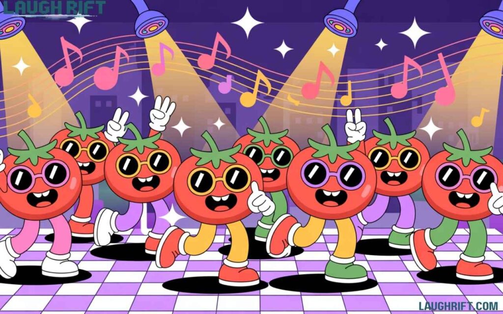Cartoon tomatoes dancing under disco lights at a lively party.