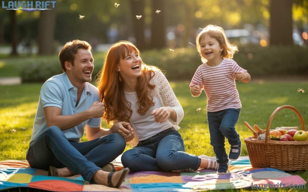 Family enjoying a picnic while playful flying insects bite them, capturing summer humor.