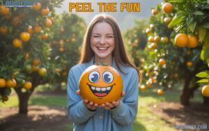 Person holding a happy cartoon orange with orange trees in the background, playful and colorful.