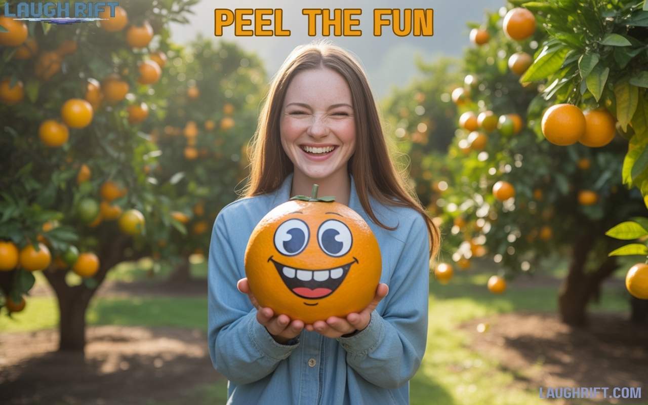 Person holding a happy cartoon orange with orange trees in the background, playful and colorful.