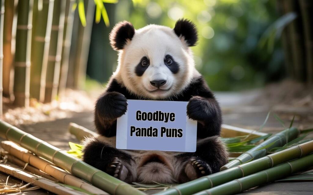 Cartoon panda holding a banner that says Goodbye Panda Puns.