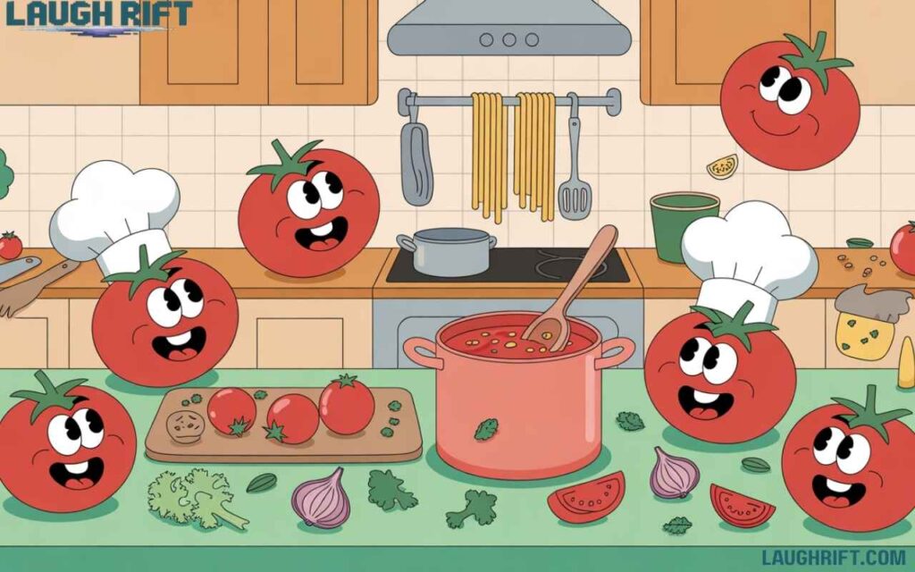 Smiling cartoon tomatoes cooking pasta and stirring sauce in a cheerful kitchen.
