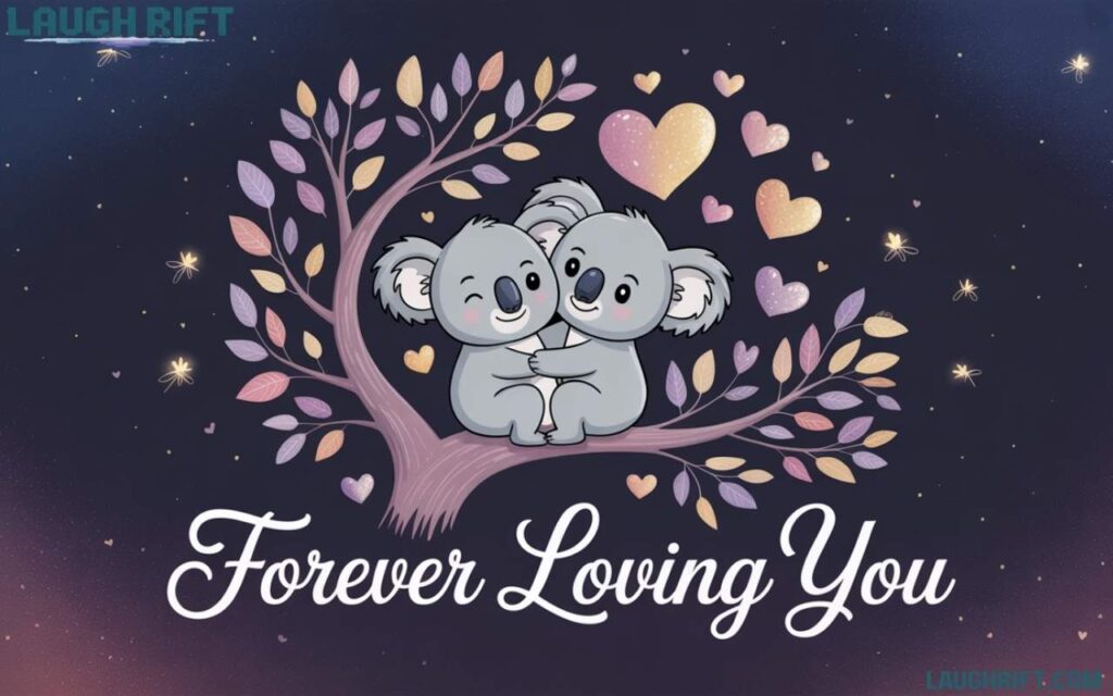 Cartoon koala couple hugging on a tree branch with hearts, perfect for koala puns for loved ones.