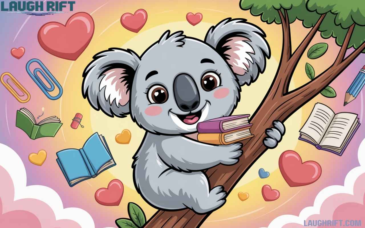 Cartoon koala on a tree with playful icons for love, office, and fun, symbolizing 300 plus koala puns and jokes.