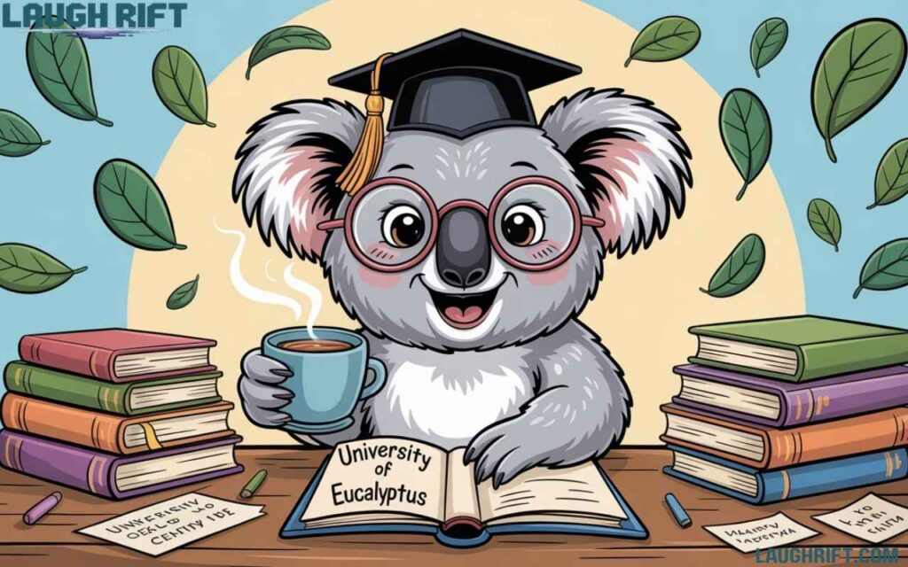 Cartoon koala in a graduation cap sitting at a university desk with books and tea, symbolizing funny koala puns in student life.