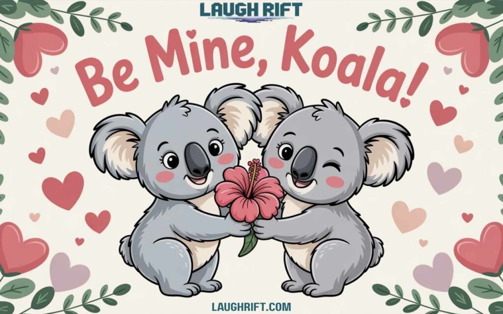 Cartoon koala giving a flower to another koala for Valentine Day.