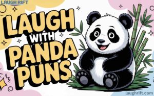 Cartoon panda with bamboo and text Laugh with Panda Puns on a bright, playful background for a humor blog featured image.