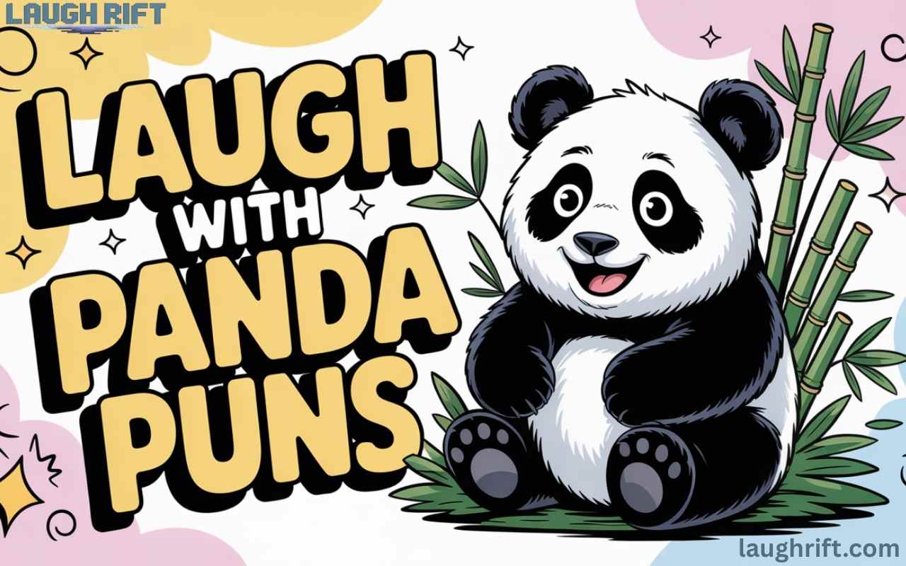 Cartoon panda with bamboo and text Laugh with Panda Puns on a bright, playful background for a humor blog featured image.