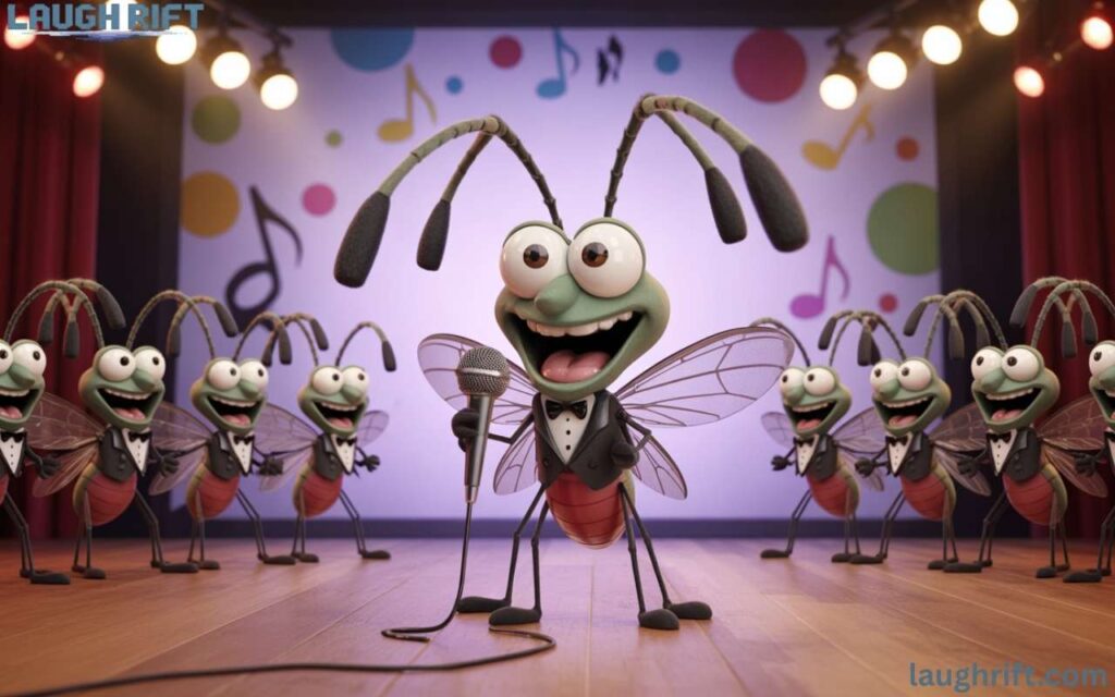 Cartoon mosquitoes dancing under disco lights with glow sticks, buzzing around a lively dance floor in a funny party scene.