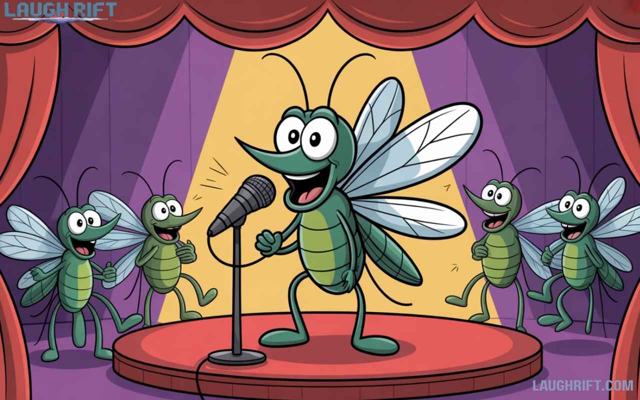Cartoon mosquito performing stand up comedy with a laughing audience.