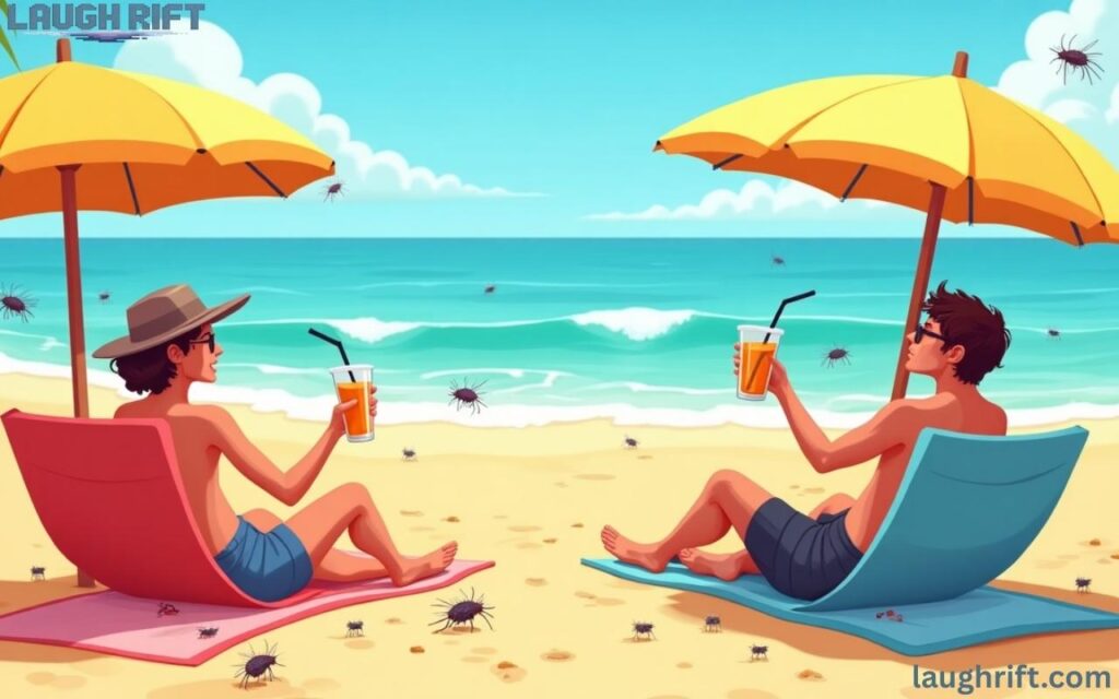 Cartoon mosquitoes buzzing at the beach with people relaxing on towels, featuring funny summer mosquito puns and jokes.