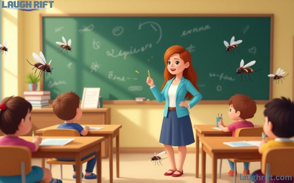 Cartoon mosquitoes buzzing around a classroom with kids and teacher, fun and playful school scene.