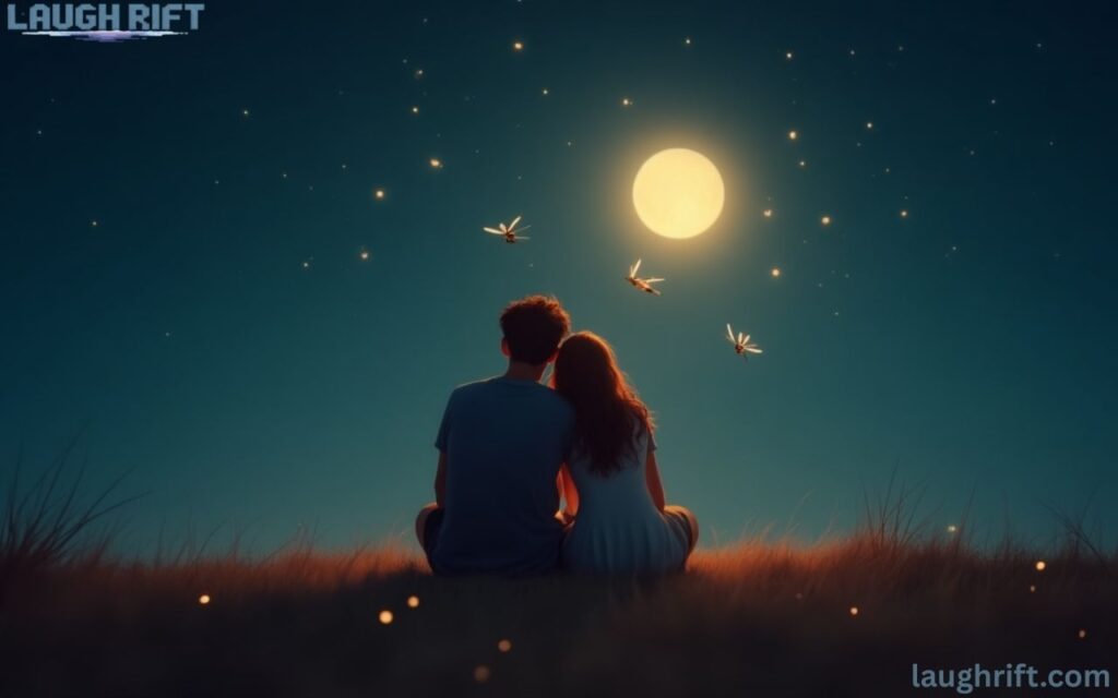 Cartoon couple with mosquitoes forming heart shapes in the air, funny romantic illustration.
