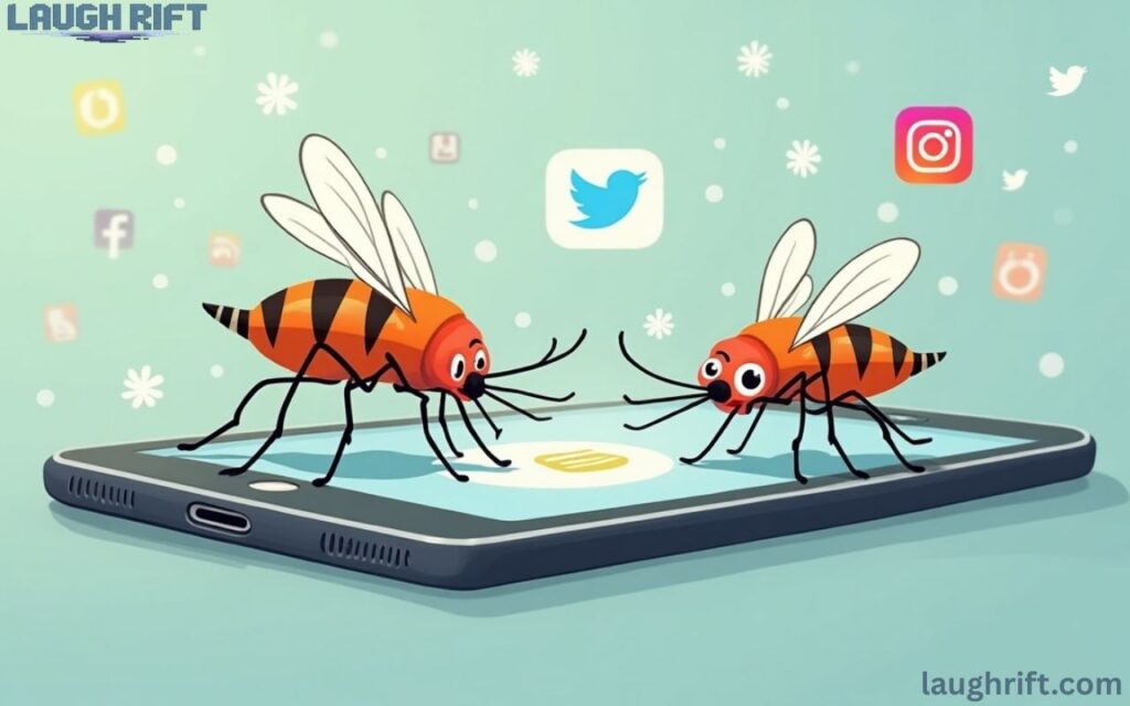 Cartoon mosquitoes buzzing around a smartphone with social media icons for Instagram, TikTok, Twitter, and Facebook, showing funny mosquito puns and jokes for social media captions.