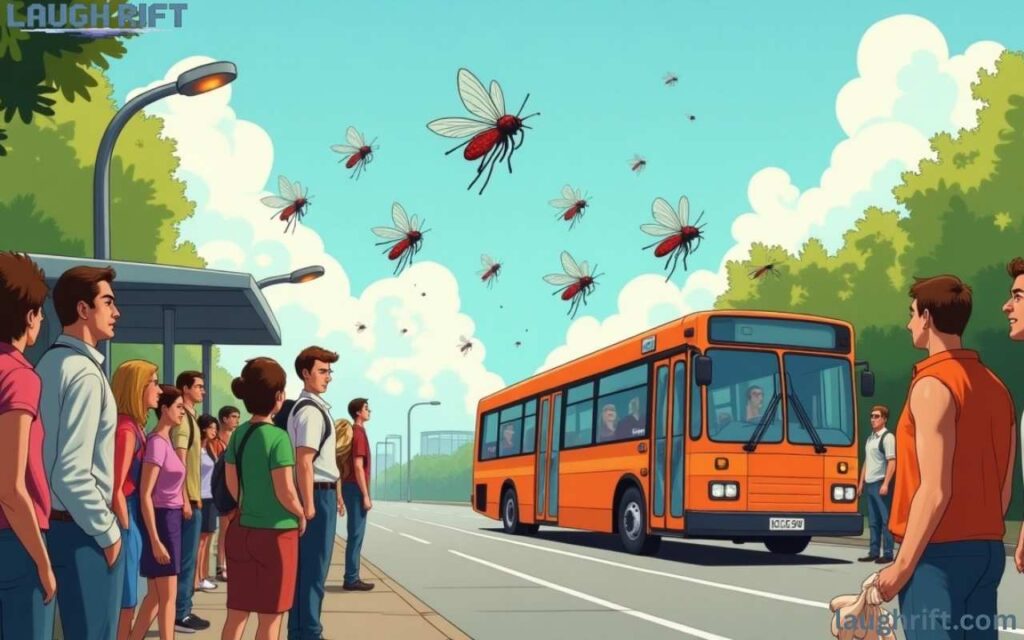 Multiple mosquitoes at bus stop causing itchy bites, cartoon illustration with bus.