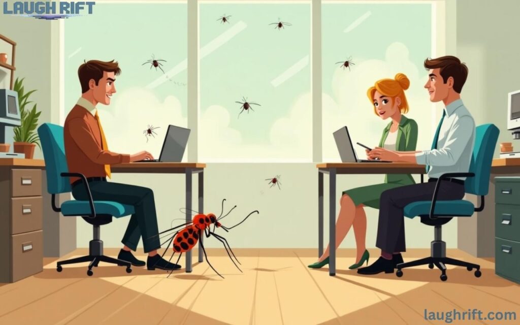 Cartoon mosquitoes buzzing around an office with desks and workers, funny workplace humor.