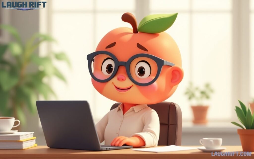 Cartoon peach working at a desk with laptop and office supplies.