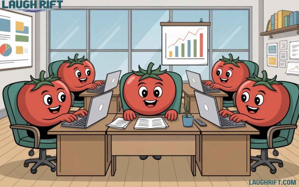 Cartoon tomatoes working at desks and laptops in a funny office scene.