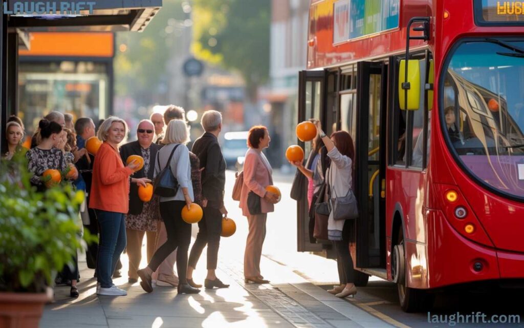 People enjoying orange puns at a bus stop with a bus.