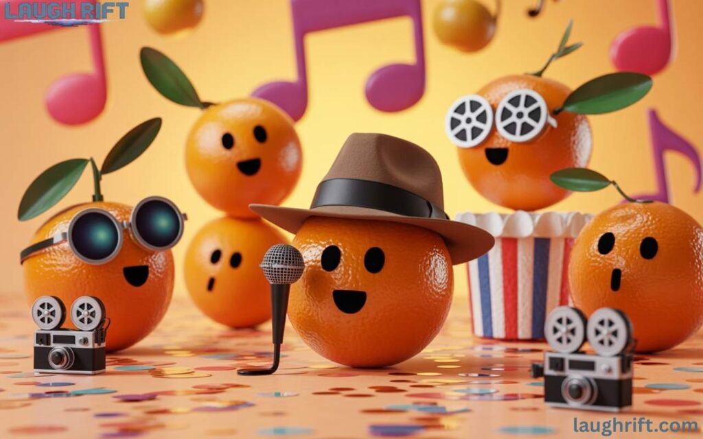 Oranges styled as pop culture icons in a playful scene.