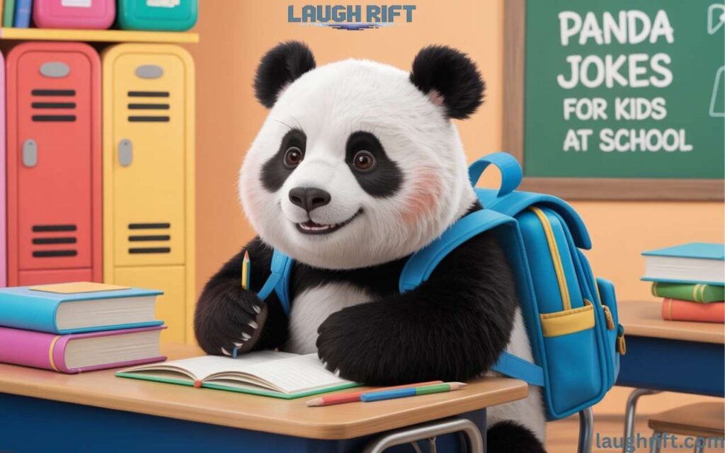 Cartoon panda with backpack sitting at a school desk with playful text on the board.