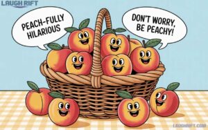 Basket of peaches with playful cartoon faces and pun captions for a funny peach puns article.
