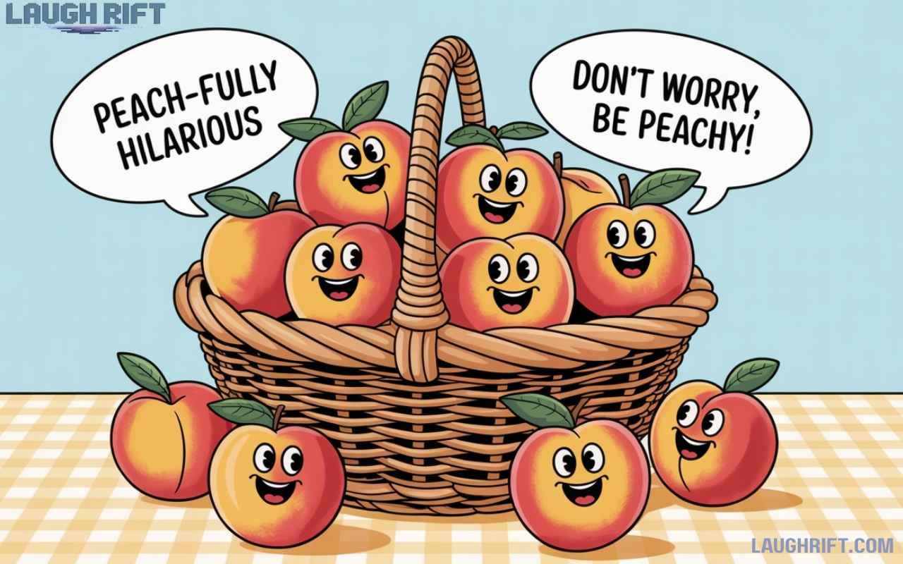 Basket of peaches with playful cartoon faces and pun captions for a funny peach puns article.