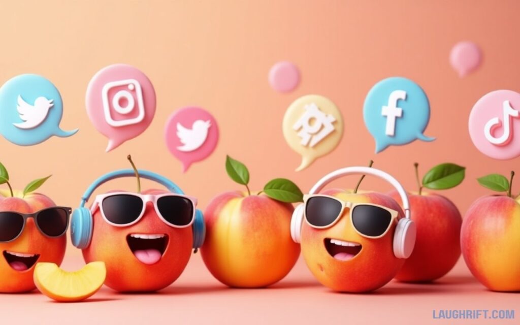 Peaches with funny captions and social media icons for playful posts.