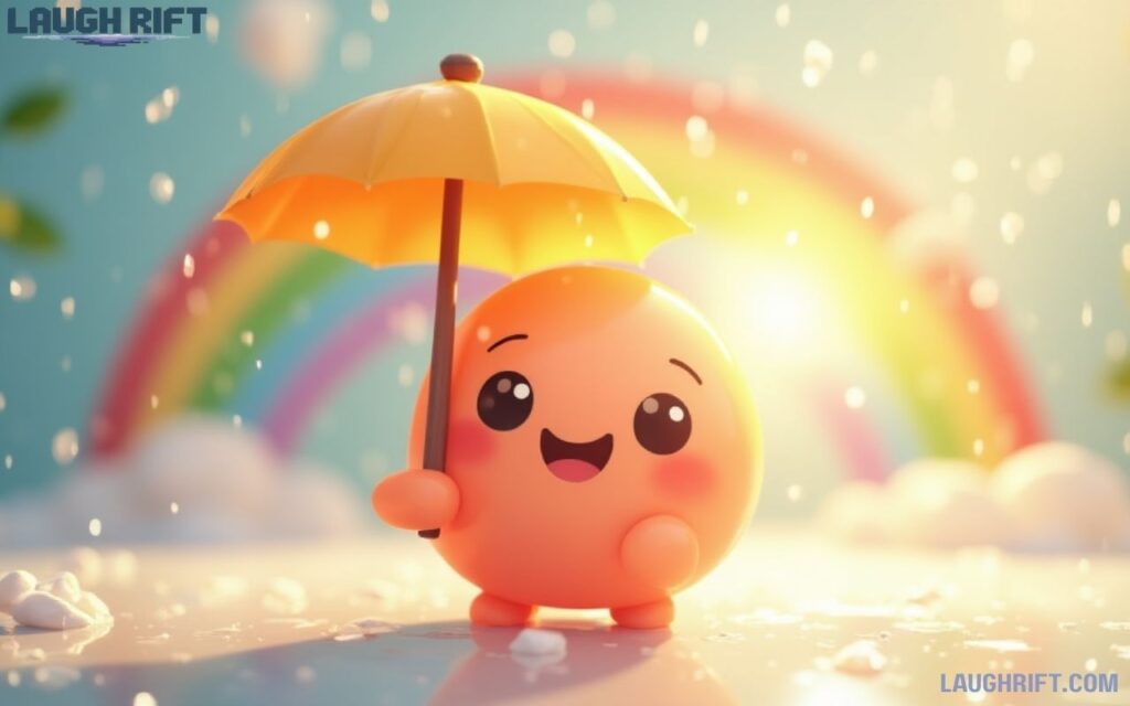 Cartoon peach with umbrella enjoying sunny and rainy weather.