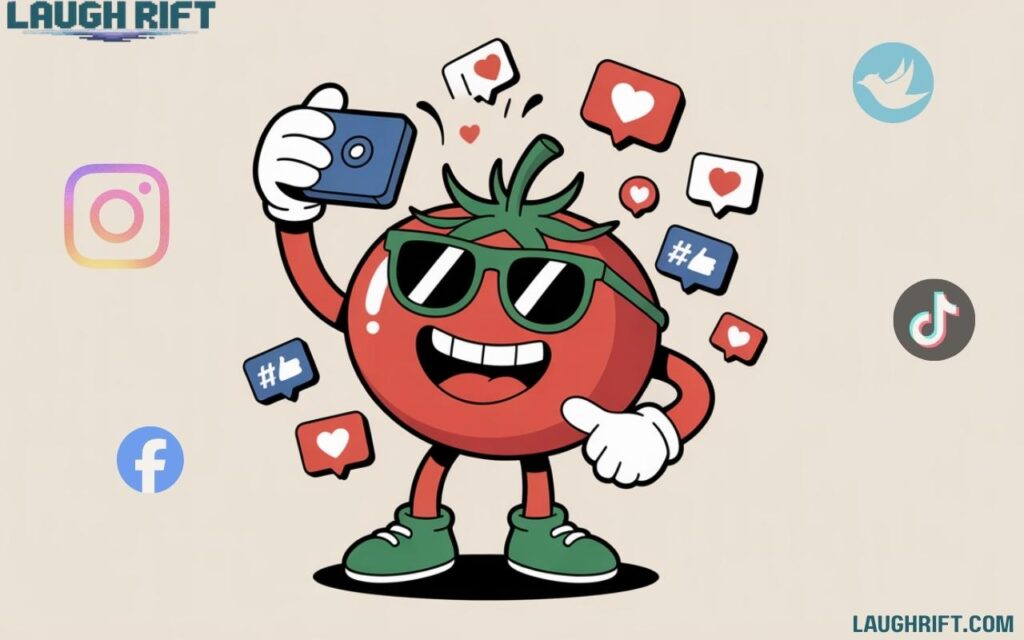 Cartoon tomato taking a selfie with sunglasses and social media icons around.
