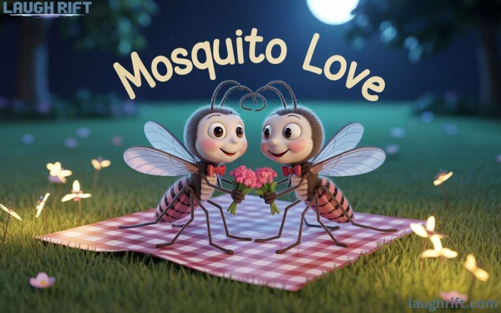 Cartoon mosquitoes on a romantic picnic under the moonlight holding hearts and looking in love.