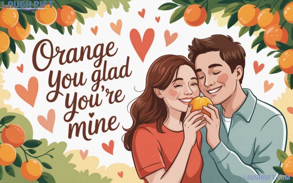 Romantic couple with oranges and hearts in sunny orchard.