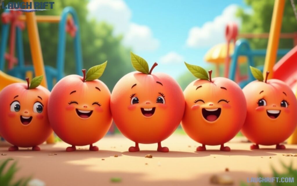 Cartoon peaches playing in a playground for kids.