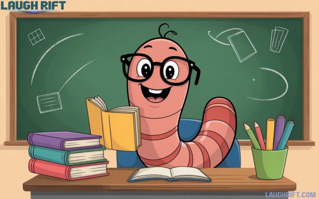 Cartoon squiggly character with glasses and books at a school desk for student jokes.