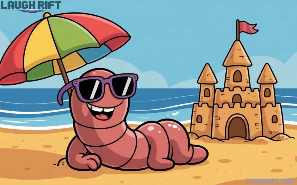 Cartoon worm relaxing at the beach with sunglasses and sandcastle.