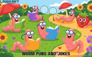 Cartoon worms in funny everyday scenes like sports, school, tech, and romance for a playful worm puns.